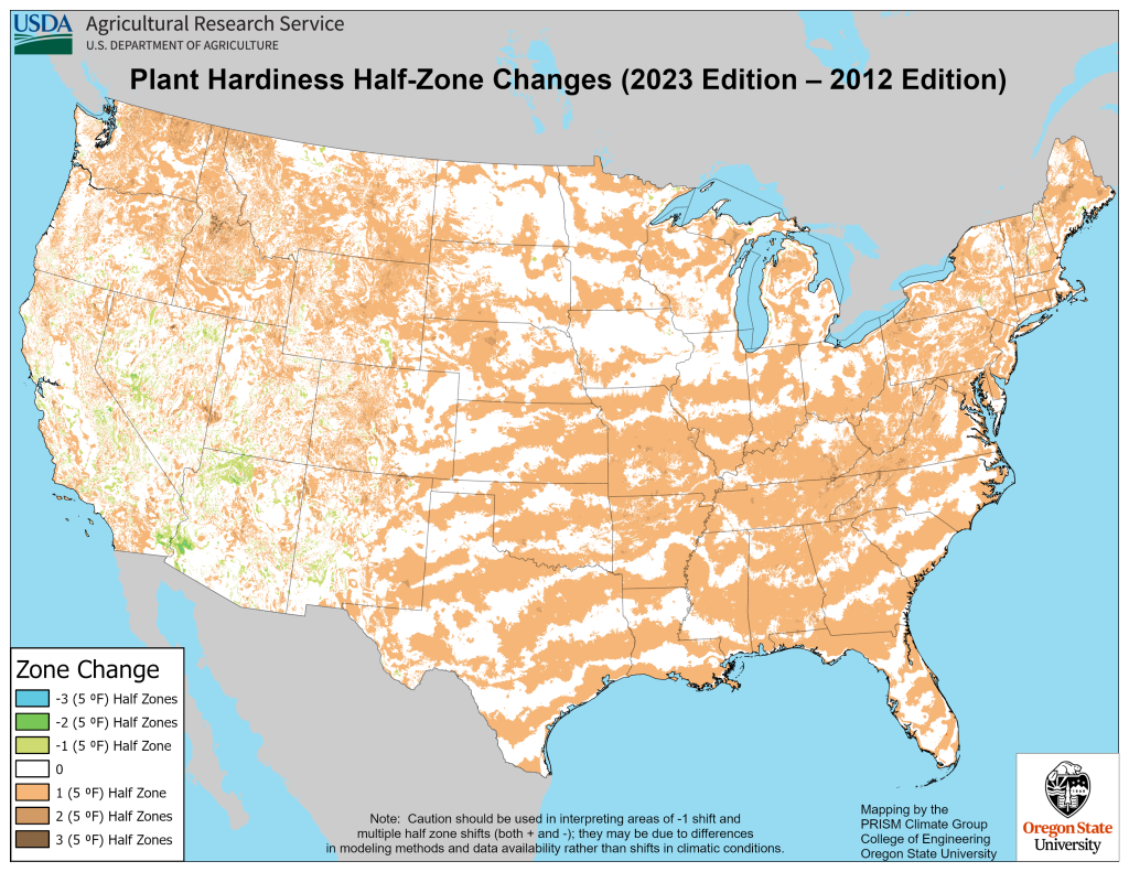map of usda hardiness zone changes from 2012 to 2023