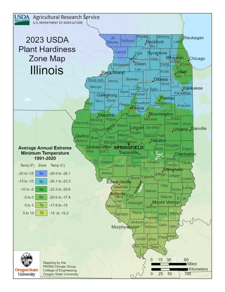 plants by zone map for Adams, IL